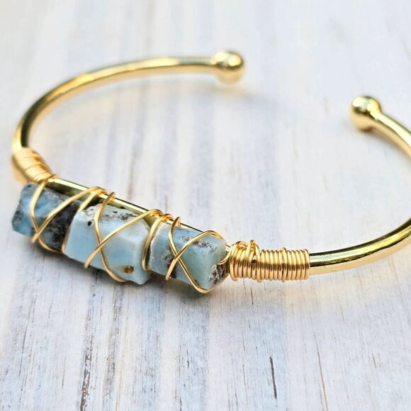 Larimar ✦ Wire Wrap Cuff ✦ 14Kt Gold Over Copper w/ Ocean Calm & Peace Talisman - Picture 9 of 12